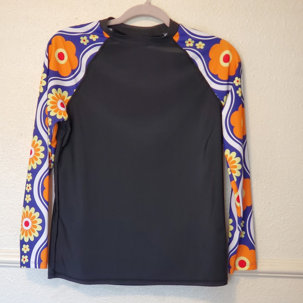 Coco Cabana Womens Floral Raglan Long Sleeve Rash Guard Swim Top Black Orange M